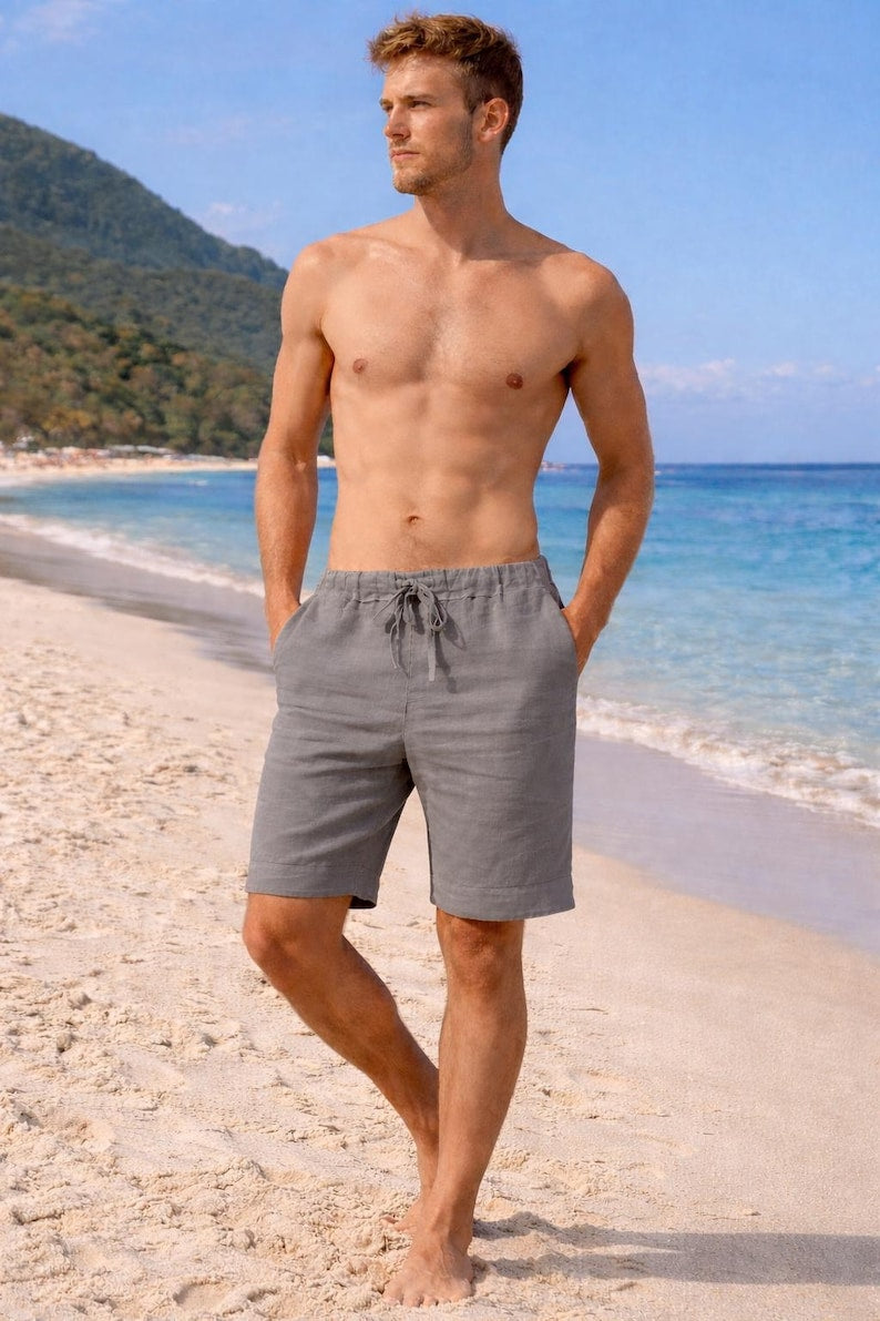 Mens Linen Shorts – Relaxed Fit Drawstring Shorts – Breathable Summer Beach Shorts for Men – Casual Shorts