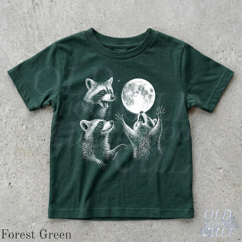 Raccoon Goth Kids T-Shirt, Dark Forest Moon Graphic Tee