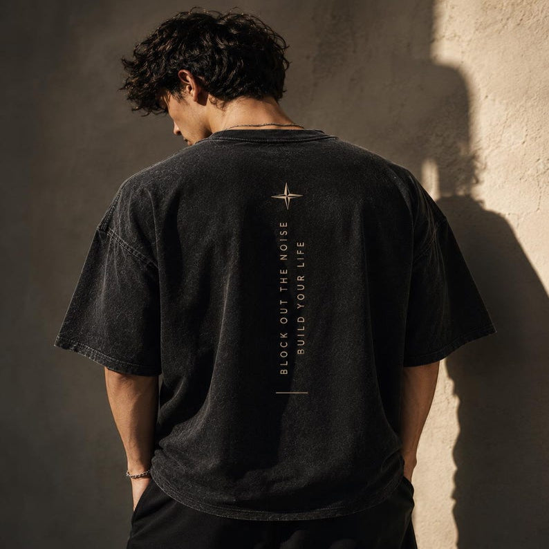 FOCUS Oversized T-Shirt, Minimalist Back Print Tee, Vintage Wash Unisex Graphic Shirt