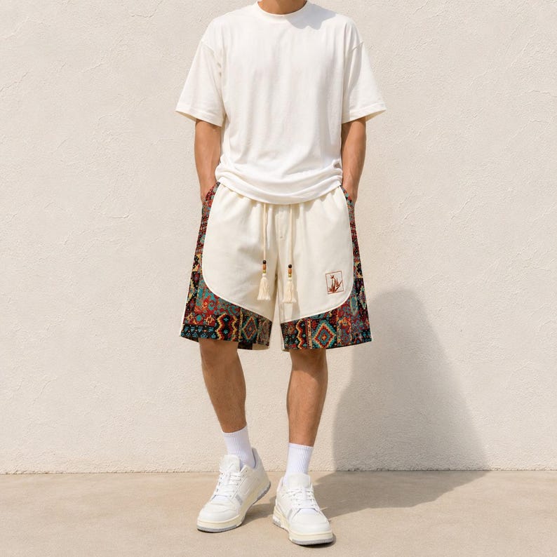 Men's Boho Patchwork Shorts, Tribal Pattern, Relaxed Fit Beach Wear