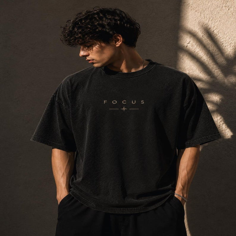 FOCUS Oversized T-Shirt, Minimalist Back Print Tee, Vintage Wash Unisex Graphic Shirt
