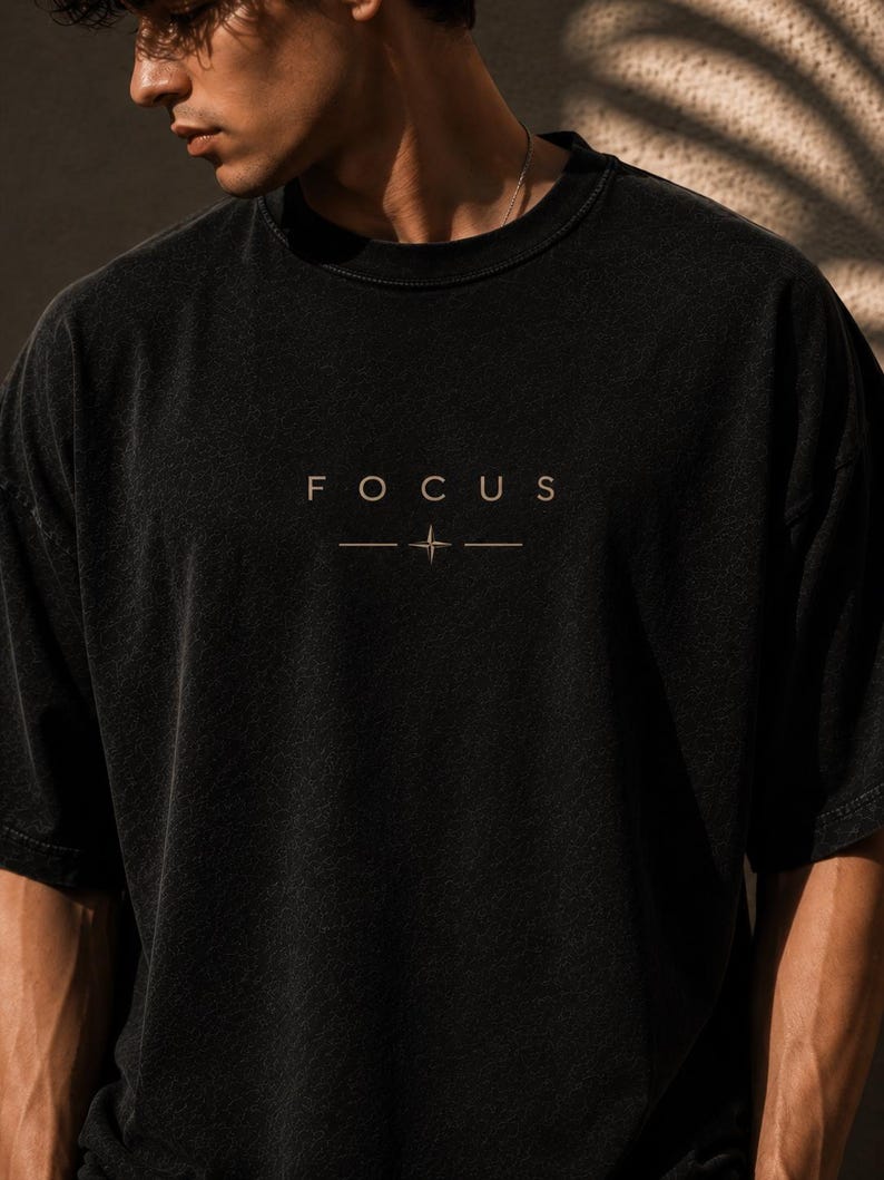 FOCUS Oversized T-Shirt, Minimalist Back Print Tee, Vintage Wash Unisex Graphic Shirt