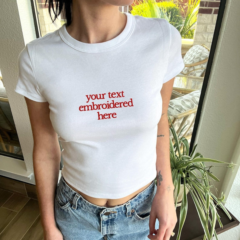 Personalized Embroidered Baby Tee, Bella Canvas® Baby Tee y2k, Retro 2000s Crop top
