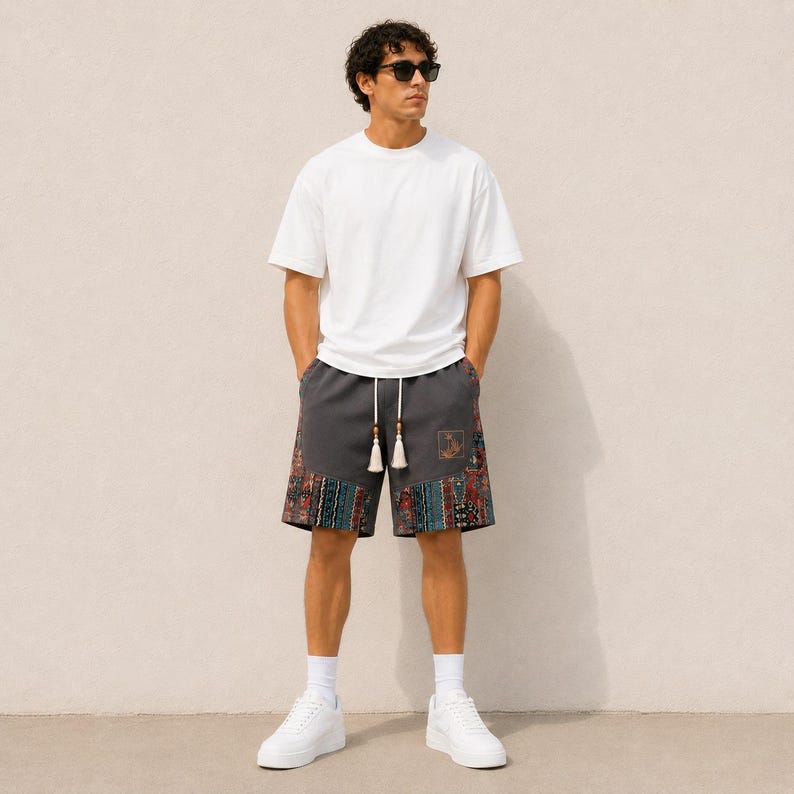 Men's Boho Patchwork Shorts, Tribal Pattern, Relaxed Fit Beach Wear