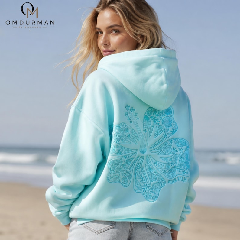 Oversized Embroidered Hoodie, Coastal Seashell Graphic Hoodie