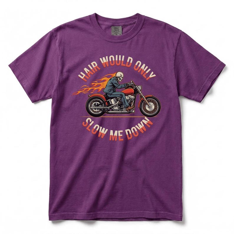 Bald Men Motorcycle Graphic T-Shirt, Skeleton Biker Flame Tee with Hair Would Only Slow Me Down Design