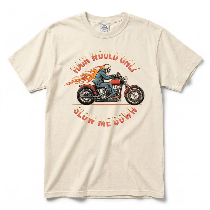 Bald Men Motorcycle Graphic T-Shirt, Skeleton Biker Flame Tee with Hair Would Only Slow Me Down Design