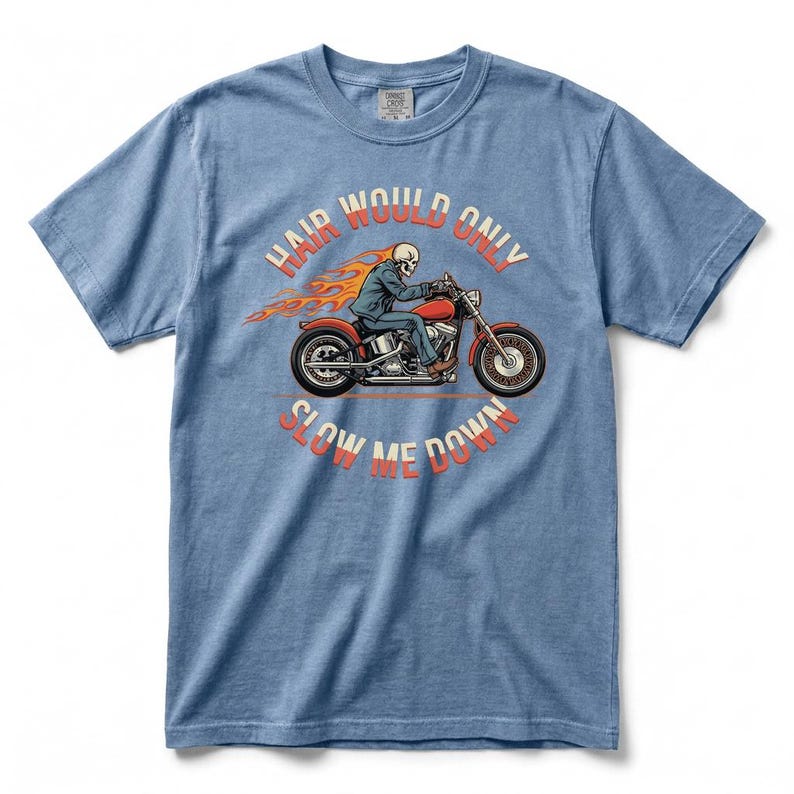 Bald Men Motorcycle Graphic T-Shirt, Skeleton Biker Flame Tee with Hair Would Only Slow Me Down Design