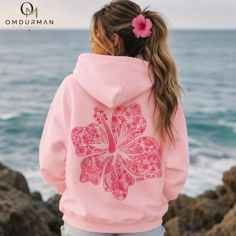Oversized Embroidered Hoodie, Coastal Seashell Graphic Hoodie