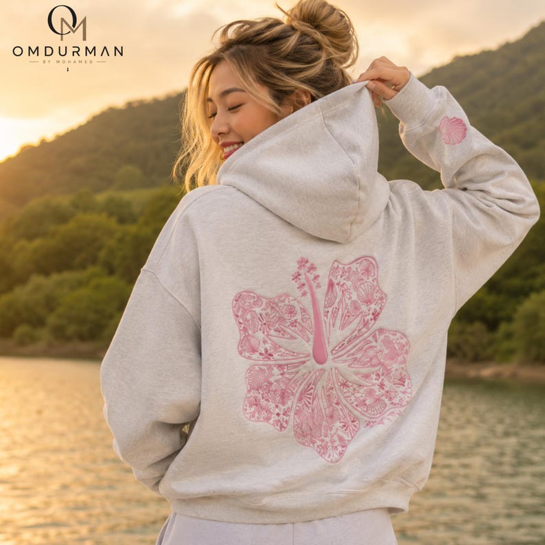 Oversized Embroidered Hoodie, Coastal Seashell Graphic Hoodie