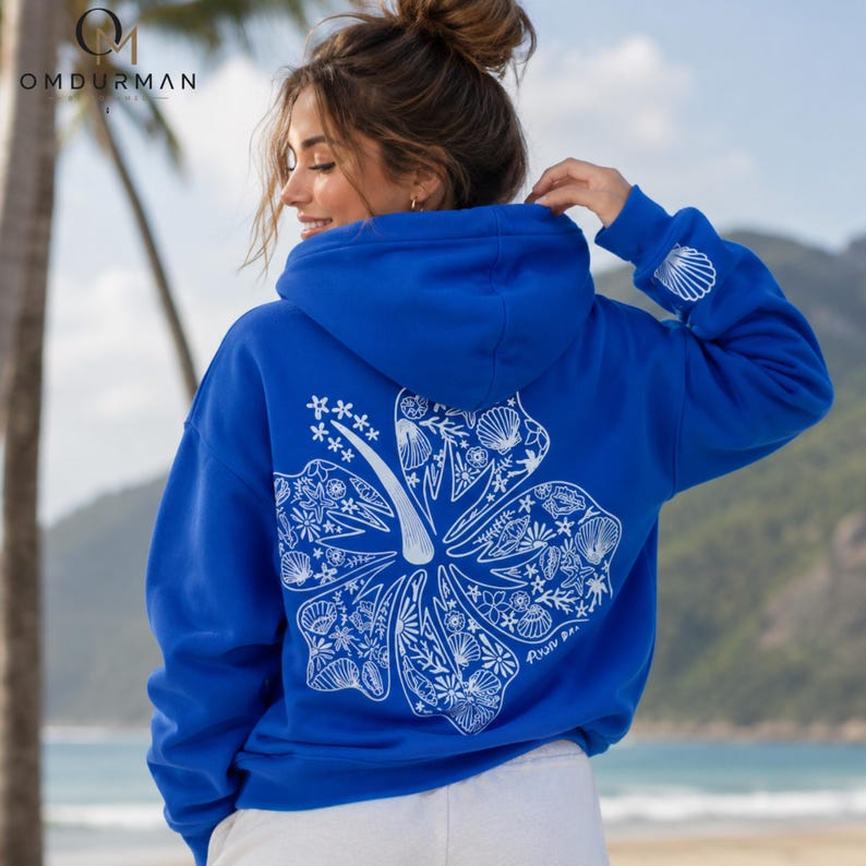 Oversized Embroidered Hoodie, Coastal Seashell Graphic Hoodie