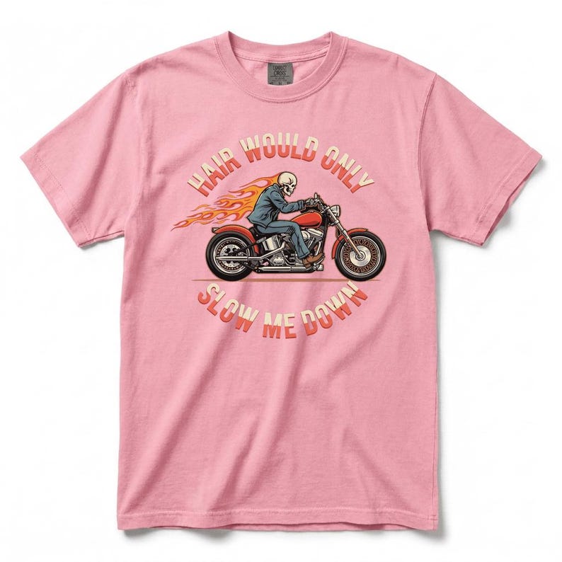 Bald Men Motorcycle Graphic T-Shirt, Skeleton Biker Flame Tee with Hair Would Only Slow Me Down Design