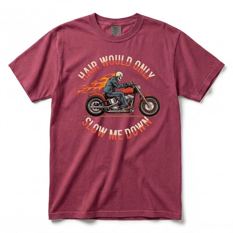 Bald Men Motorcycle Graphic T-Shirt, Skeleton Biker Flame Tee with Hair Would Only Slow Me Down Design
