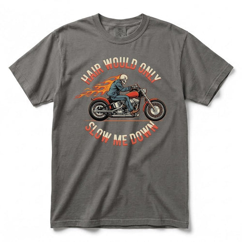 Bald Men Motorcycle Graphic T-Shirt, Skeleton Biker Flame Tee with Hair Would Only Slow Me Down Design