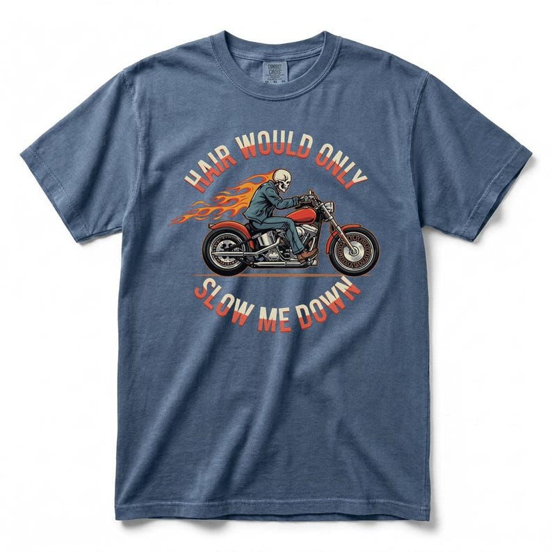 Bald Men Motorcycle Graphic T-Shirt, Skeleton Biker Flame Tee with Hair Would Only Slow Me Down Design